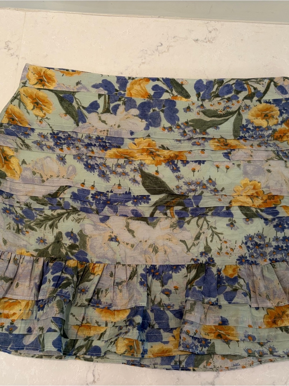 ASOS Light Green Mini Skirt Floral Print Ruffled Tier Cottagecore Feminine s14